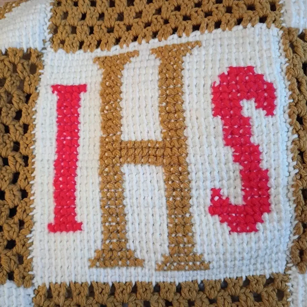 Handmade Crochet Afghan Blanket 64x49 Religious Christian Catholic Gold White